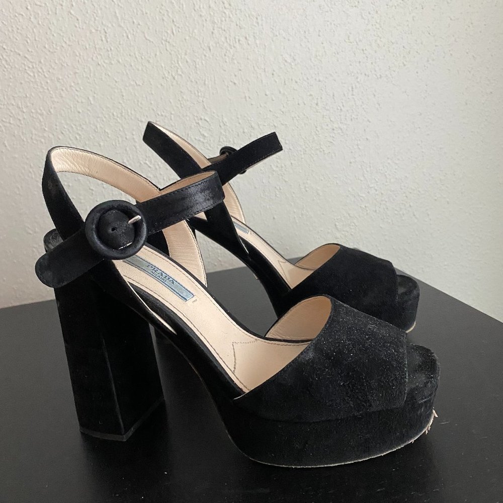 Prada Black Suede Platform Sandal Heels